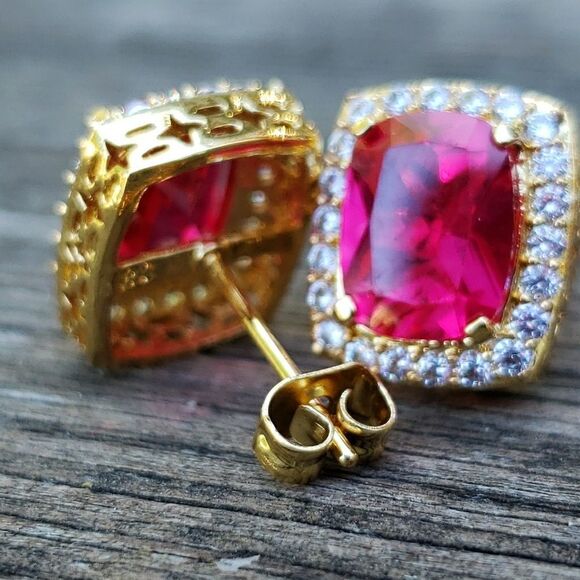 Lab Simulated Ruby & Diamond Rectangle Earrings - Picture 4 of 4